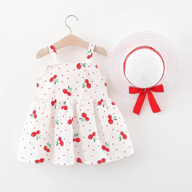 2 Potong Baju Anak Musim Panas Motif Kartun Lucu Anak Perempuan Ceri Tanpa Lengan Baju Katun Bayi Merah Muda + Baju Balita Sunhat BC2206-1