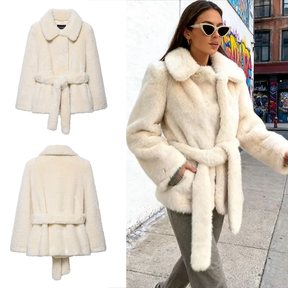 HH Winter Vrouwen Warme Nepbontjassen Met Riem Elegante Effen Revers Lange Mouwen Jassen 2025, Mode High Street Lady Chic Uitloper