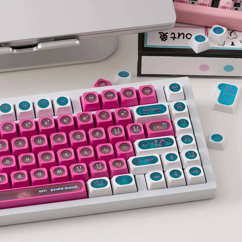 Rosa Kaninchen transparente Tastenkappen Set PBT Sublimation Kirschprofil Tastenkappen für mechanische Tastatur benutzerdefinierte süße Tastaturkappen