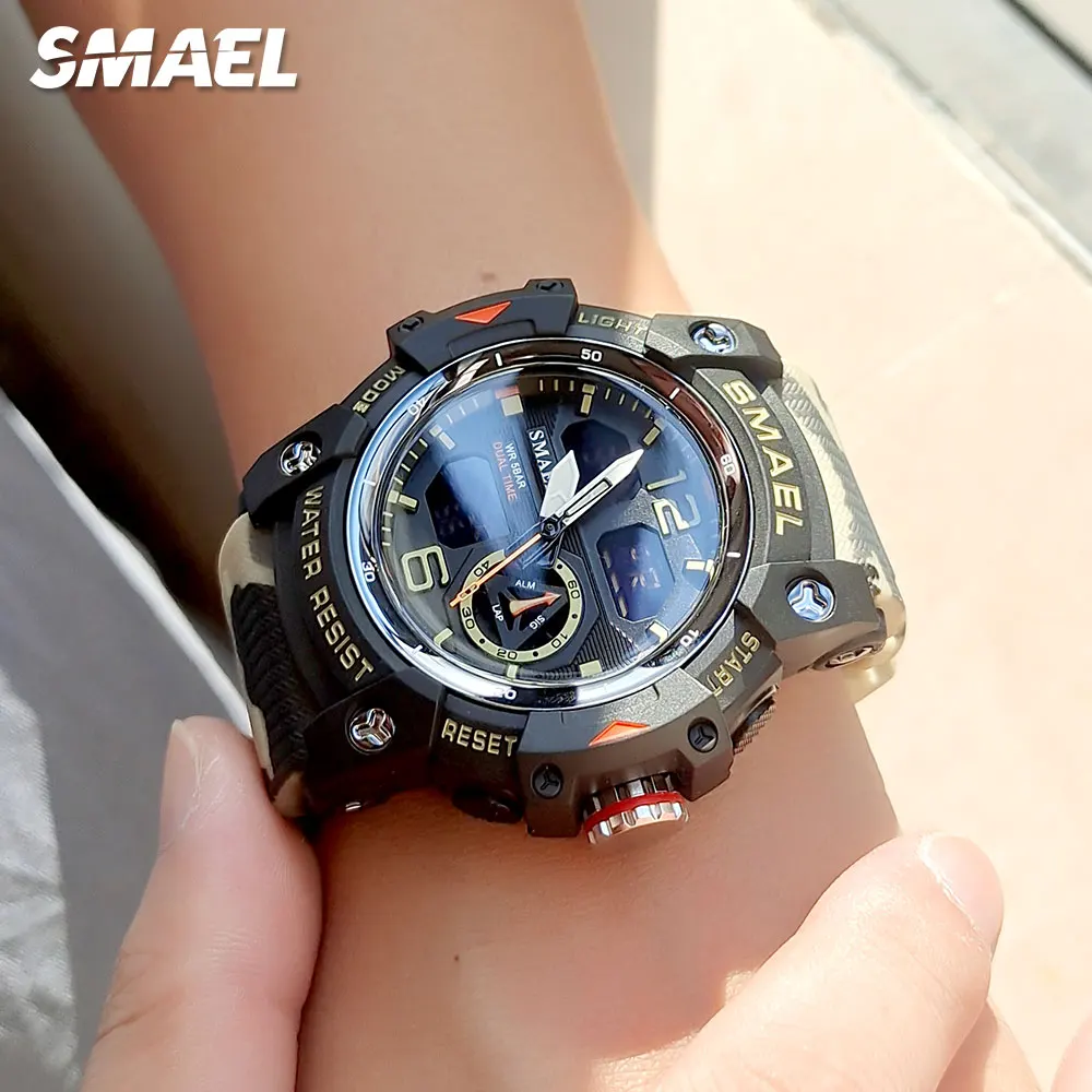 SMAEL Dual Time Display Digital Quartz Watch Men Waterproof Sport Wristwatch with Chronograph Camouflage Khaki Strap Date 8007