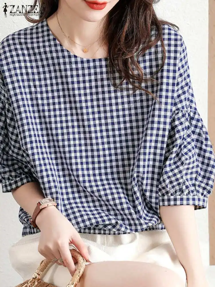 ZANZEA Fashion Summer O Neck Half Sleeve Blouse Women Plaid Checked Tops Casual Loose Holiday Shirt Female Party Blusas Mujer