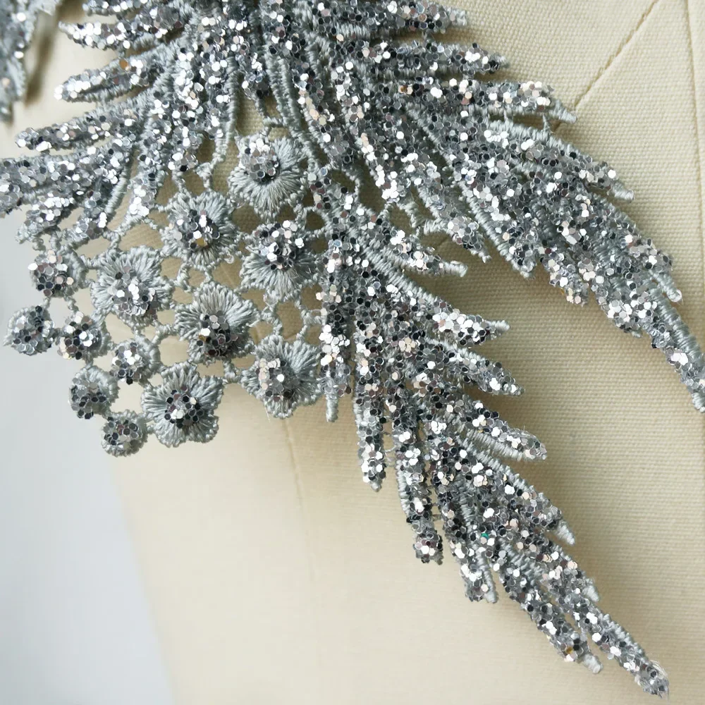 2Pcs Rhinestones Silver Sequin Embroidered Lace Applique Sewing Flower Fabric Patch Wedding Gown Bridal Dress Clothes DIY Crafts