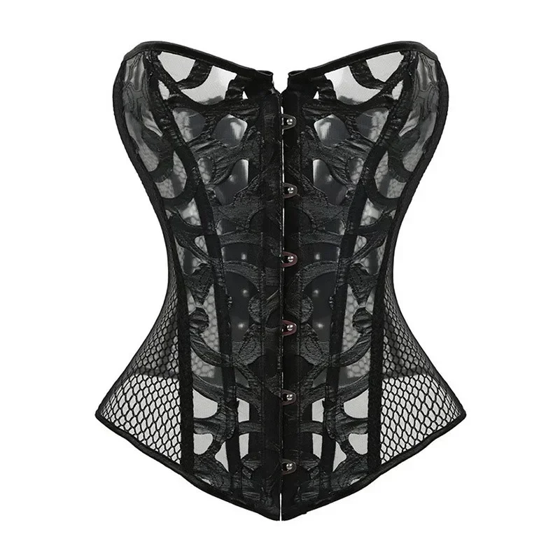 Women Breathable Shapwear Costumes Sexy Transparent Mesh Corselet Hollow Out Corset Bustier Top Black White