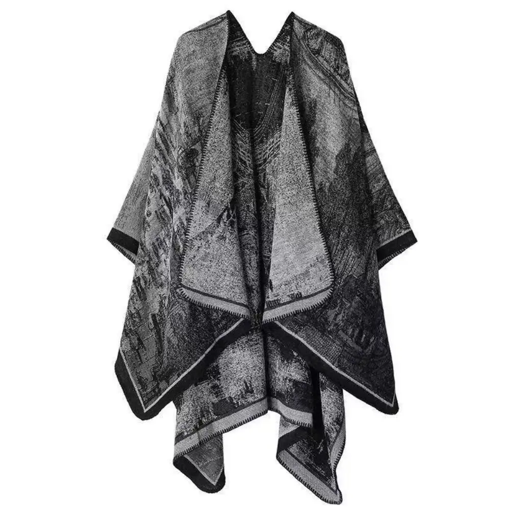 

Loose Fit Knitted Pullover Cape Double Sided Print Elegant Style Women Cloak Thick Warm Fabric Cape Outerwear Lady Outerwear