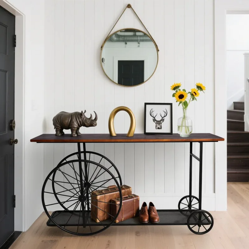 American retro solid wood bar table, living room entrance foyer removable against the wall casual home simple wrought iron table