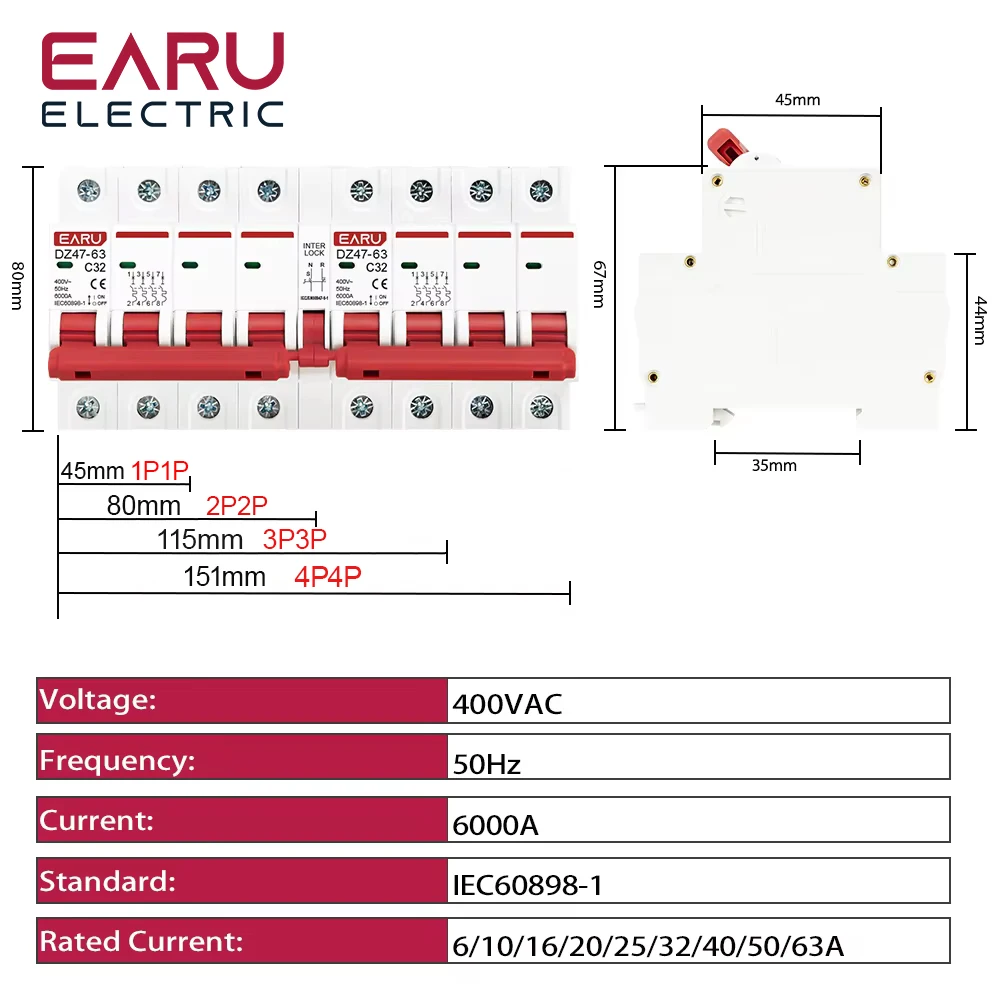 1P+1P 2P+2P 3P+3P 4P+4P MTS AC Dual Power Manual Transfer Interlock Circuit Breaker Din Rail Isolating Discounnecting Switch MCB