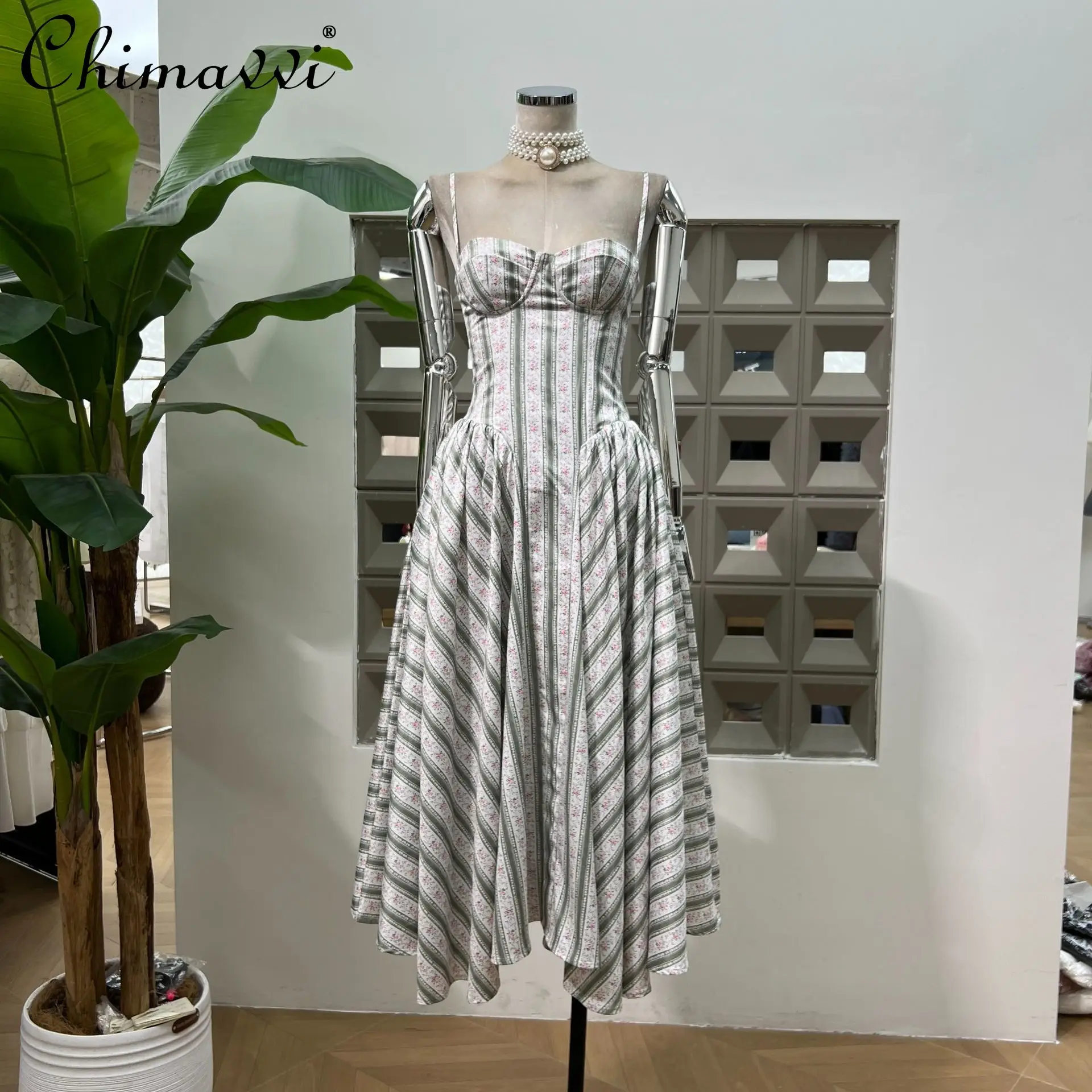 

French Temperament Elegant Retro Long Evening Dresses Sleeveless Printed High Waist Slim A-line Socialite Summer Dress for Women