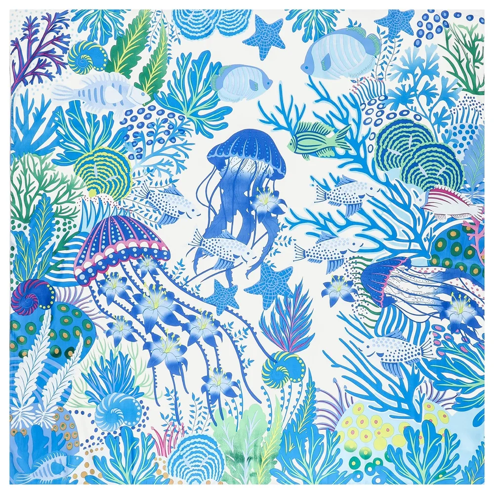 Pobing Seiden schal Frauen große Schals Ocean World Print Stolen quadratisches Bandana Luxus Kopftuch Hijab weibliche Foulards 130cm