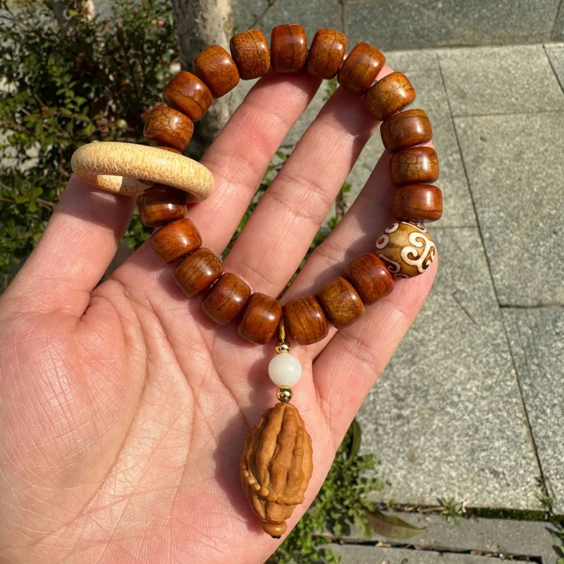 Abacus Bead Multi-Gem Bodhi Root Bracelet with Apple-shaped Beads, Weathered Yellow, Collectible Hand Jewelry