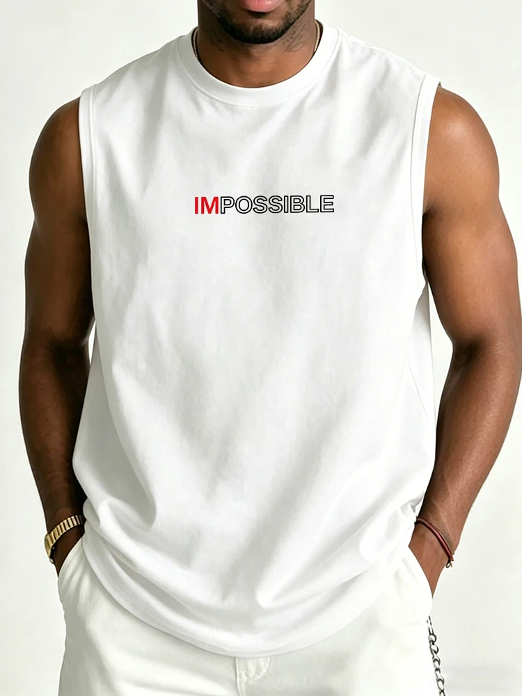 Men,s 100% Cotton Sleeveless Tank Top It's Not Impossible Back Print Motivational Quote Gym Fitness Vest-T133