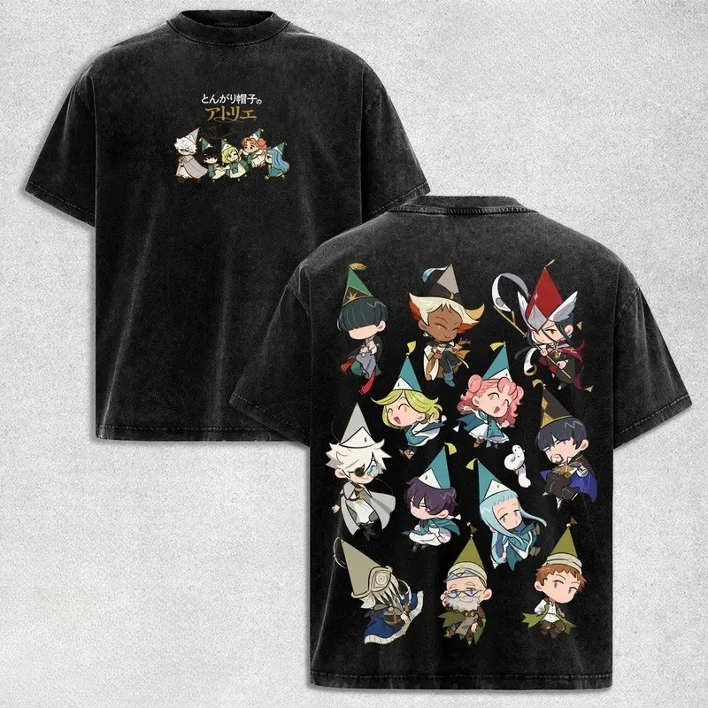 Vintage Witch Hat Atelier Chibi Characters Washed Graphic T‑Shirt Unisex Anime Oversized Short Sleeve Cotton Streetwear Tee