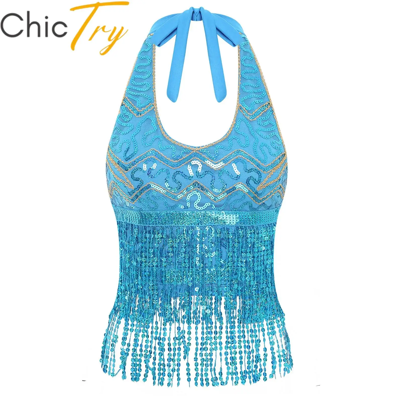 

Womens Belly Dance Bra Top Halter Sleeveless Vest Shiny Sequins Tassel Crop Top for Latin Jazz Dancing Stage Performance Costume