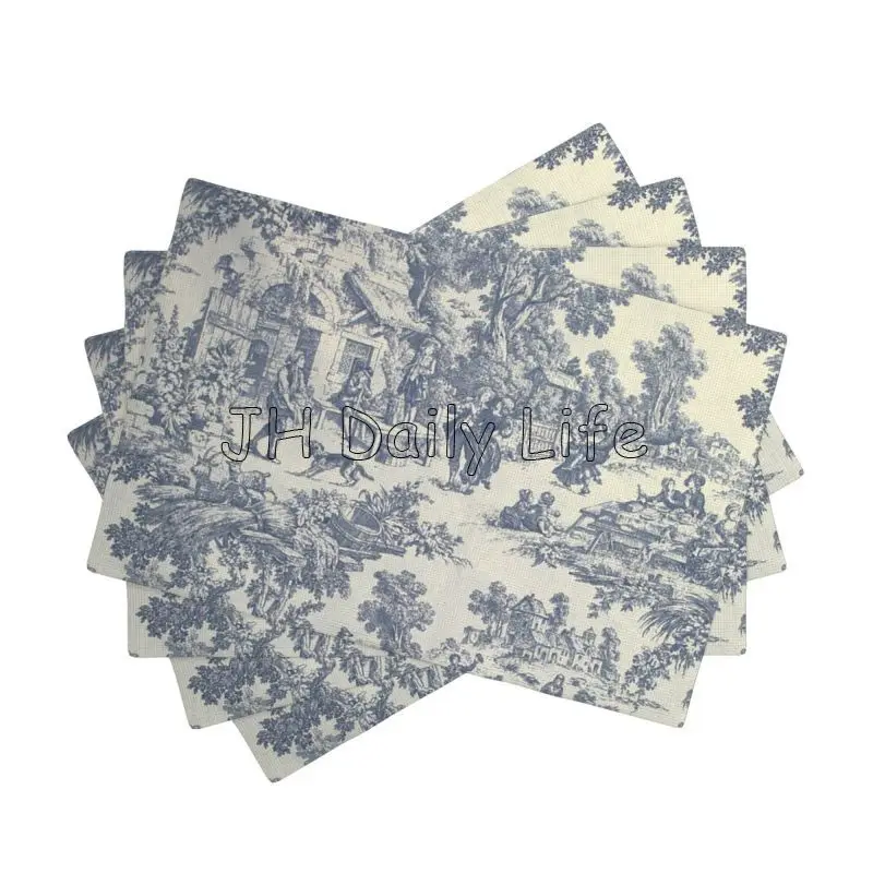 French Toile De Jouy Placemats Sets of 4 Waterproof Heat Resistant Linen Table Mats for Home Party Dining Table Decor 12x18 Inch