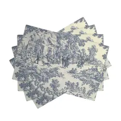 French Toile De Jouy Placemats Sets of 4 Waterproof Heat Resistant Linen Table Mats for Home Party Dining Table Decor 12x18 Inch