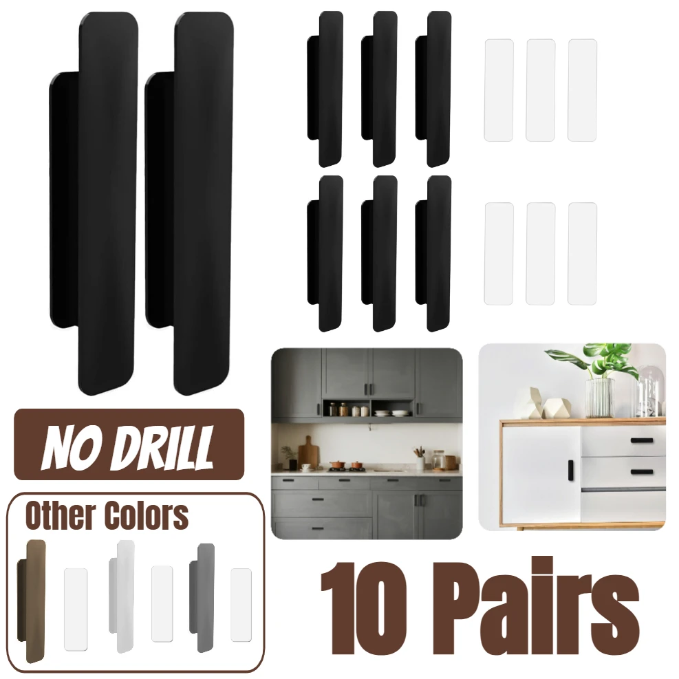 10 Pairs Adhesive Cabinet Handles 11cm Self-Stick Plastic Drawer Door Pulls No Drill for Kitchen Sliding Closet Door Furniture