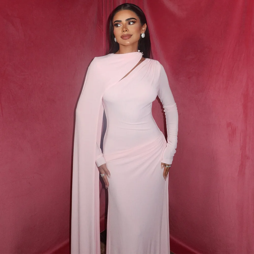 

Customized Simple Pink Chiffon Evening Dress Elegant Long Sleeves O-Neck Celebrity Gowns Temperament Straight Vestido De Festa