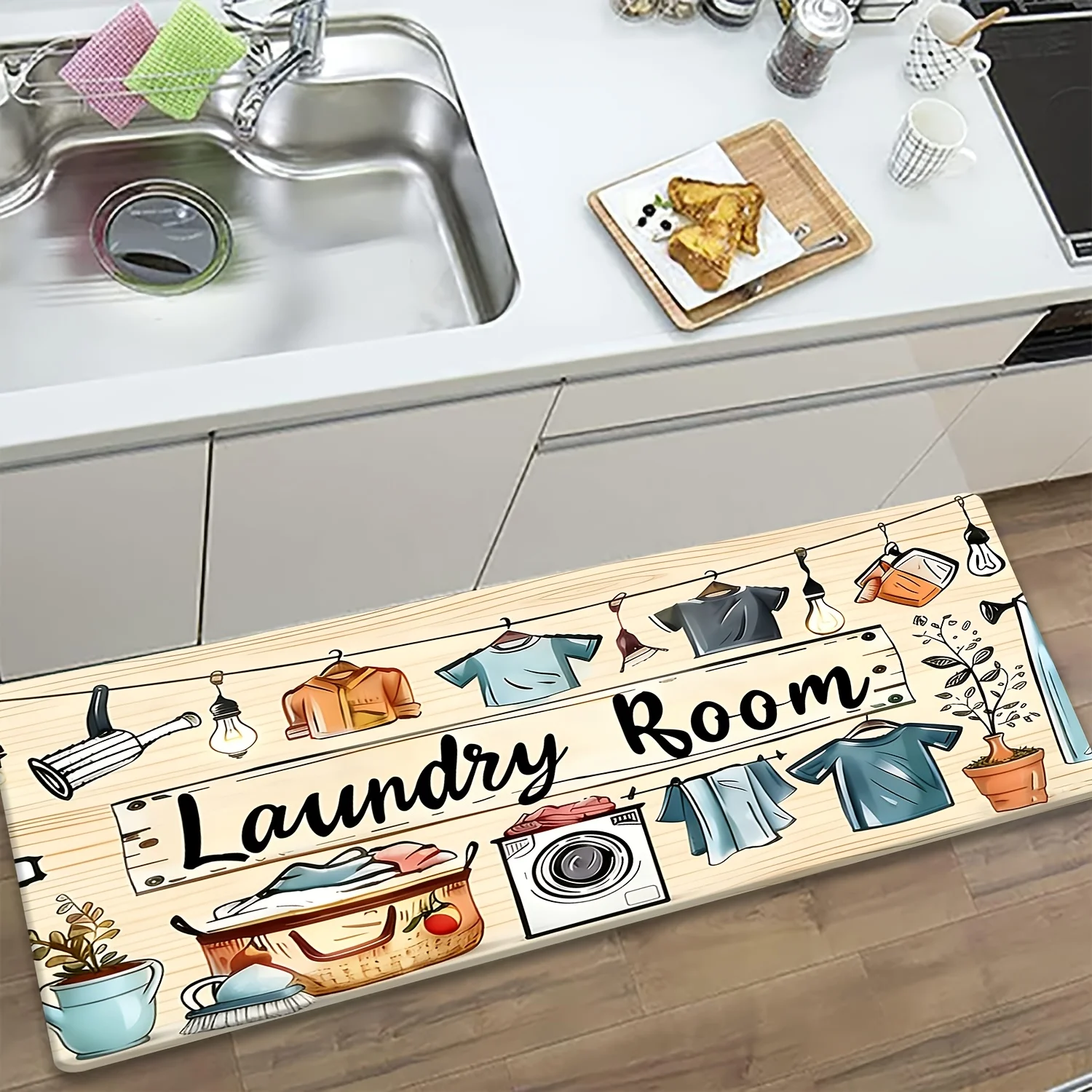 Vintage Wood Laundry Room Clothes Sketch Runner Mat Anti Slip Water Absorbent Rug Laundry Decor Carpet for Washing Room Entrance