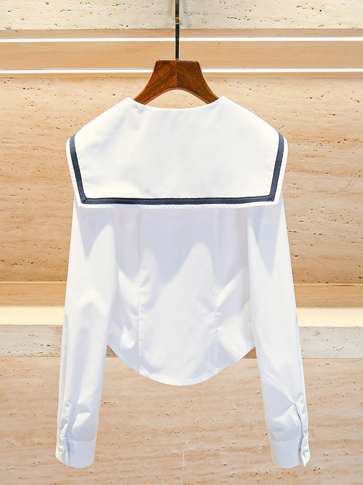 

Ele Navy Collar Embroidered irt Women's Top Ladylike Commute Sle Straight Cut Long Sve ort Length Striped Pattern