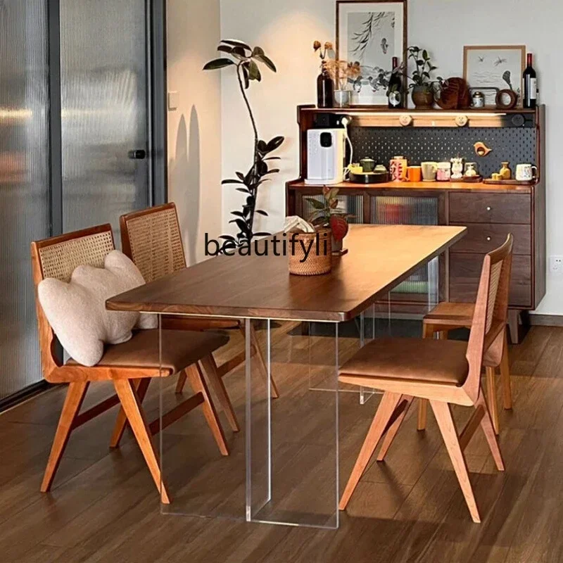 Q181  Chinese Style Walnut Solid Wood Dining Table Home Living Room Retro 1.6 M Long Acrylic Suspension Dining Table