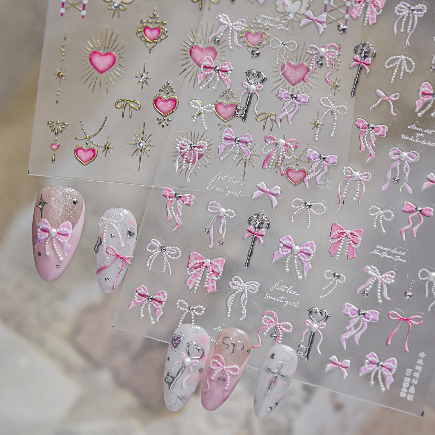 Pink Ribbon Bow Nail Charms Stickers 5D Gold Diamond Magic Wand Pattern Self-adhesive Nail Art Sticker for DIY Nail Decorations