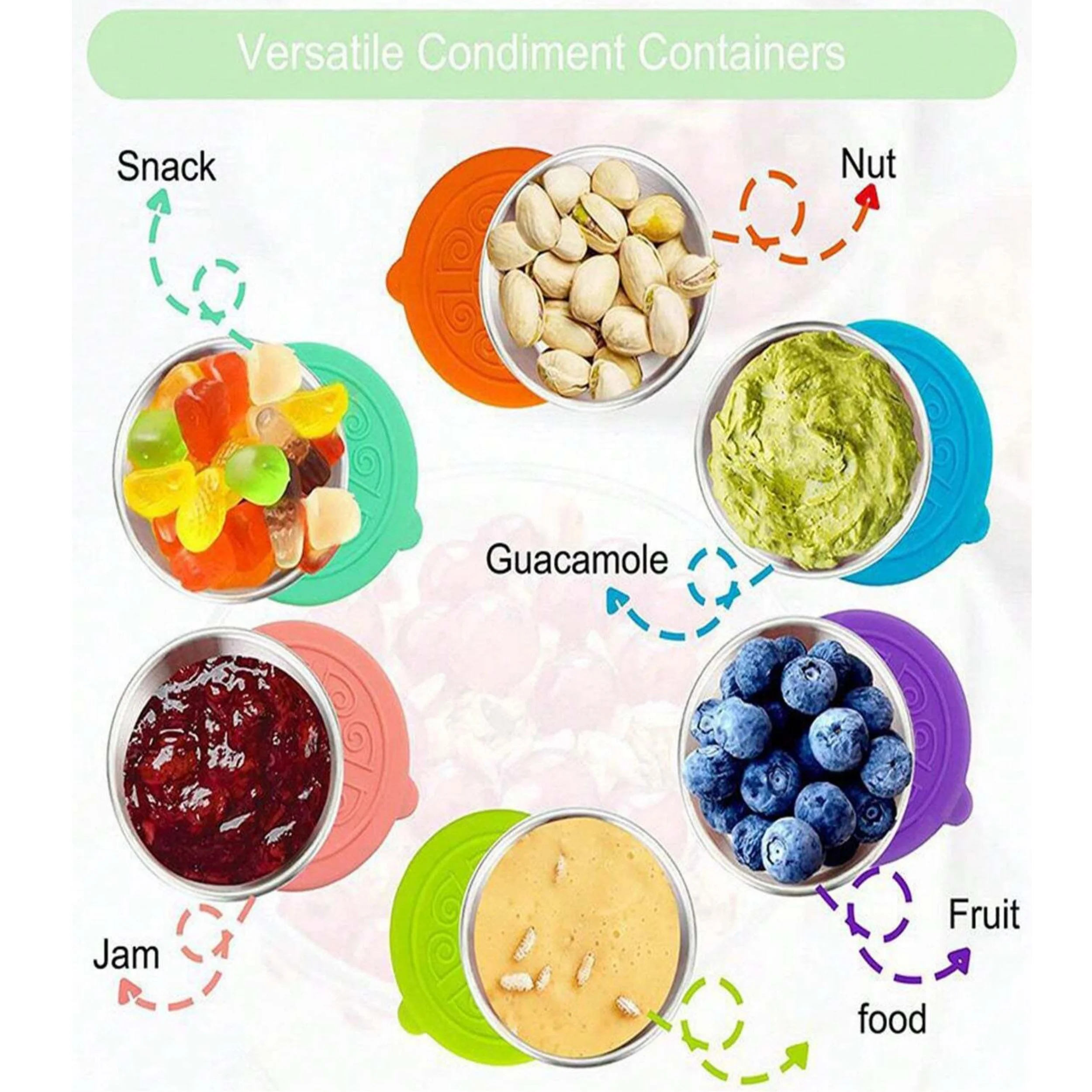 Imagen 6: Tazas para salsa de inmersión de acero inoxidable, platos para condimentos con tapas de silicona a prueba de fugas, contenedor de comida reutilizable para aderezo de ensalada, 1/4 Uds.