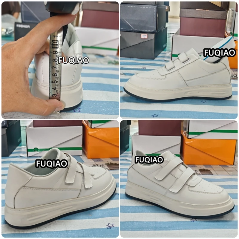 Men Cowhide Elevator Shoes Hidden 7cm Height Increasing Double Hook Loop Casual Lift Sneakers Non Slip Commuting Outdoor Fashion