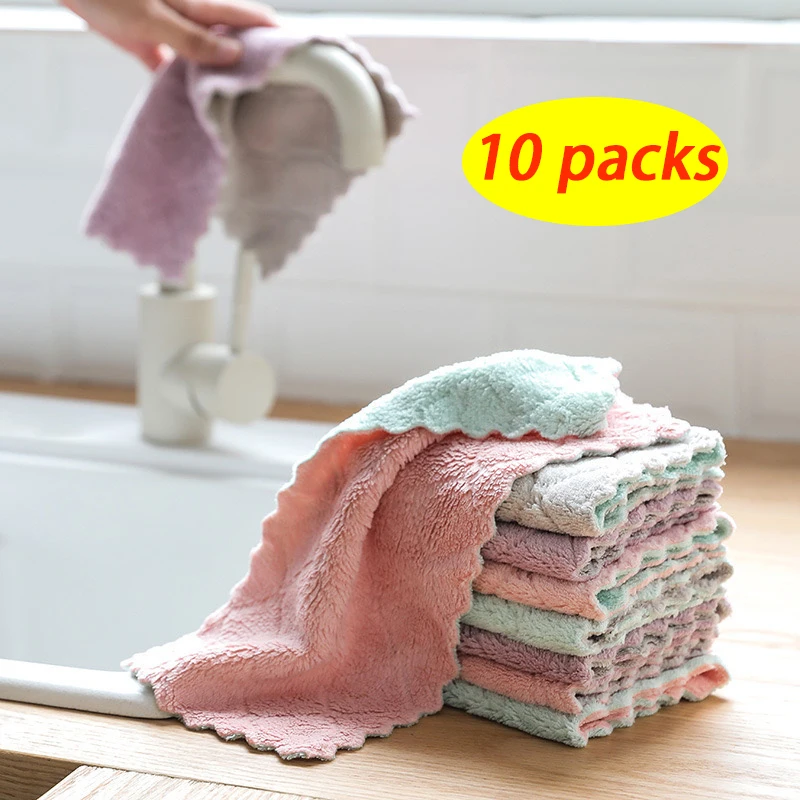 

10 packs,Double-sided strong absorbent wipes non-linting non-stick coral velvet dish towel wet and dry dishcloths