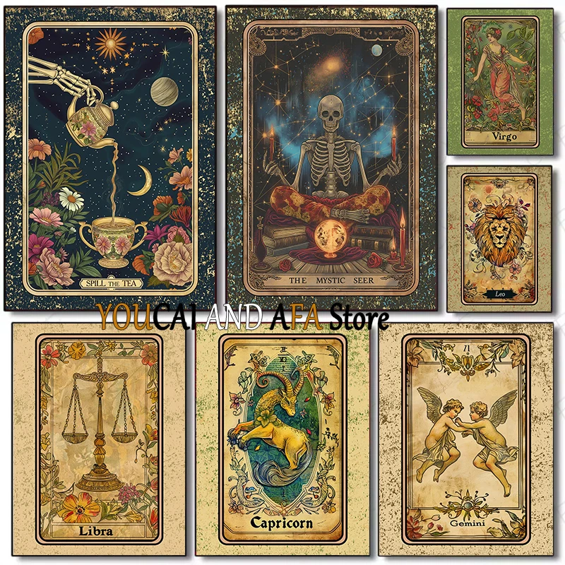 Tarot Card Design Vintage Cards Star Sign Mystic Seer Skull Skeleton Riding Unicorn Poster Canvas Painting Wall Pictures Decor
