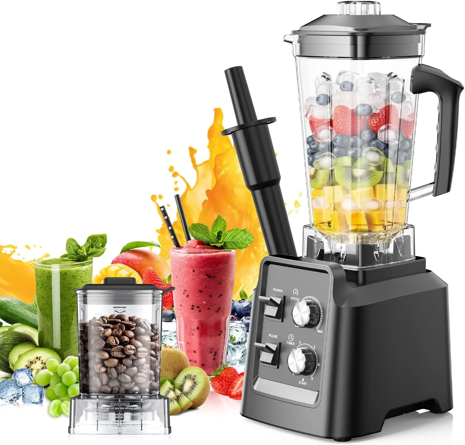Licuadora de 68 oz con Molinillo de 20 oz, 28000 RPM para Smoothies, Trituración de Hielo, Autolimpieza, Velocidades Ajustables, Negra