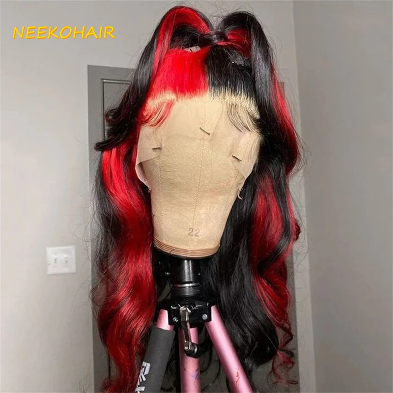 13x6 Lace Frontal Wig Half Black Half Red Split Two Tone Cosplay Wig Long Wave Bicolor Wigs Human Hair Wig For Women