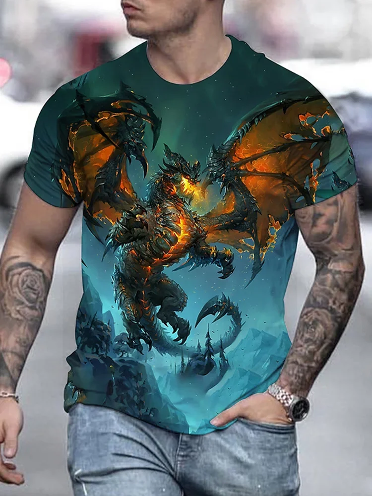 

Animated 3D Dragon Pattern Summer Men's Casual T-Shirt Outdoor Sports Comfortable Short Sleeves Street Fashion, Round Neck Tops