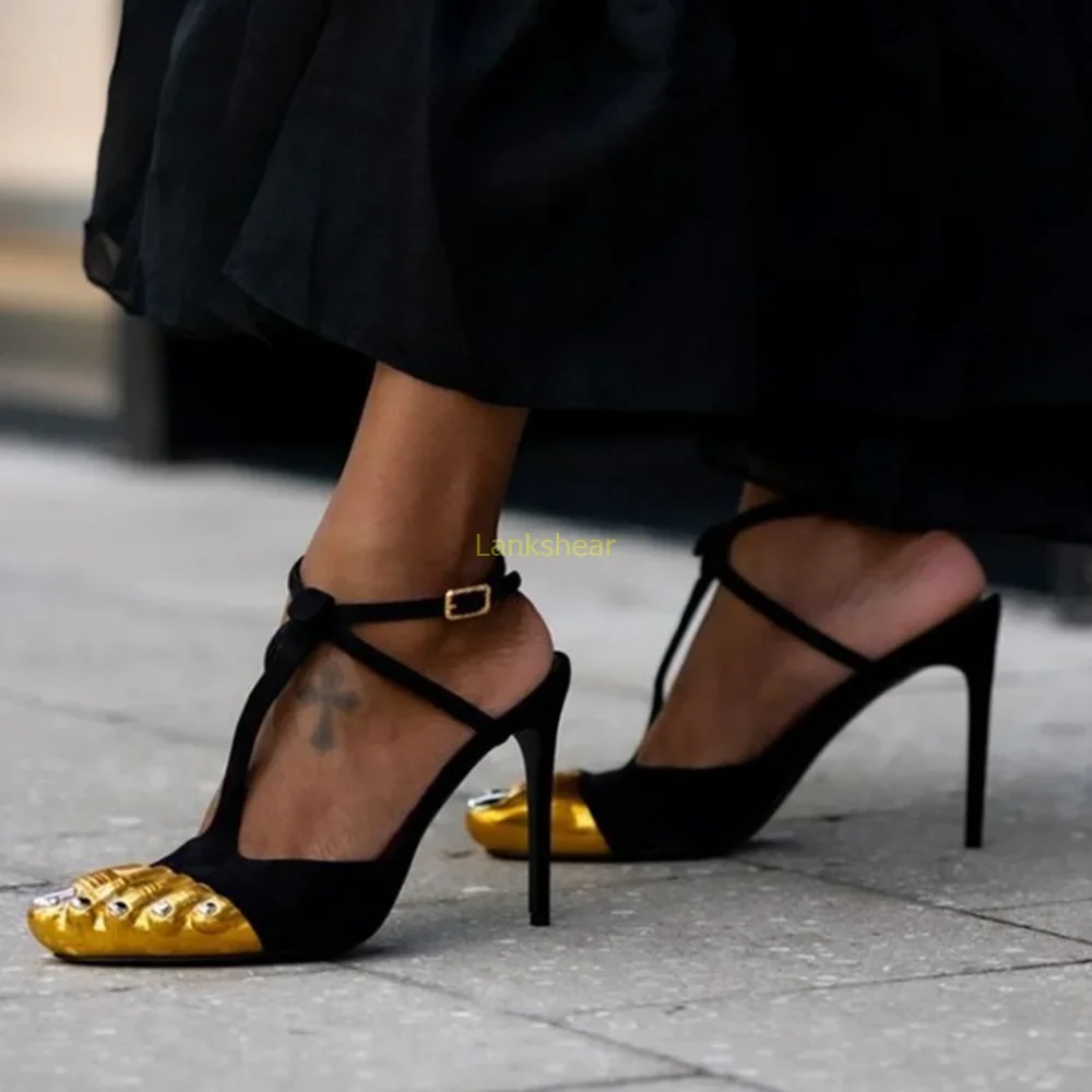 

Пикантные золотые туфли на высоком каблуке с пятью пальцами, тонкий каблук, острый носок, смешанные цвета, Новое поступление, модная женская современная обувь