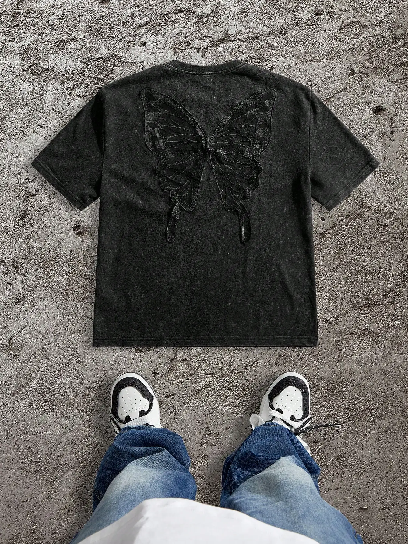 Men's Distressed Black T-Shirt with 3D Butterfly Back Design, Loose Fit Casual Streetwear