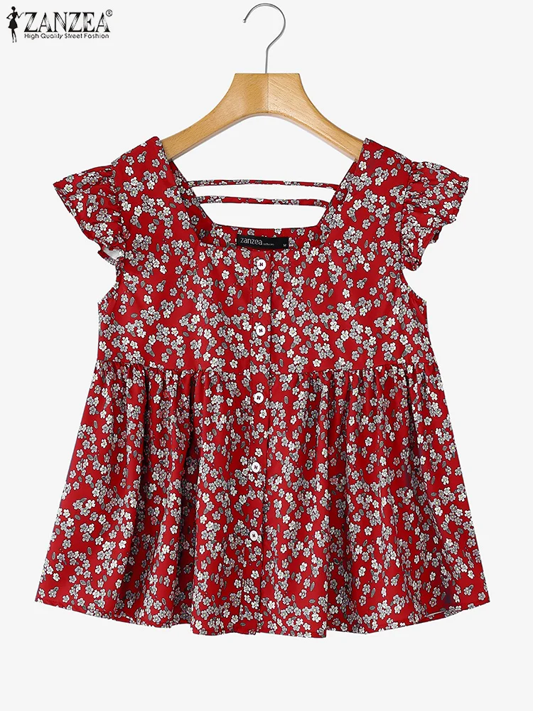 

2025 ZANZEA Women Summer Tank Tops Bohemian Floral Print Tees Buttons Square Collar Short Sleeve Tops Casual Shirts Tanks Tunic