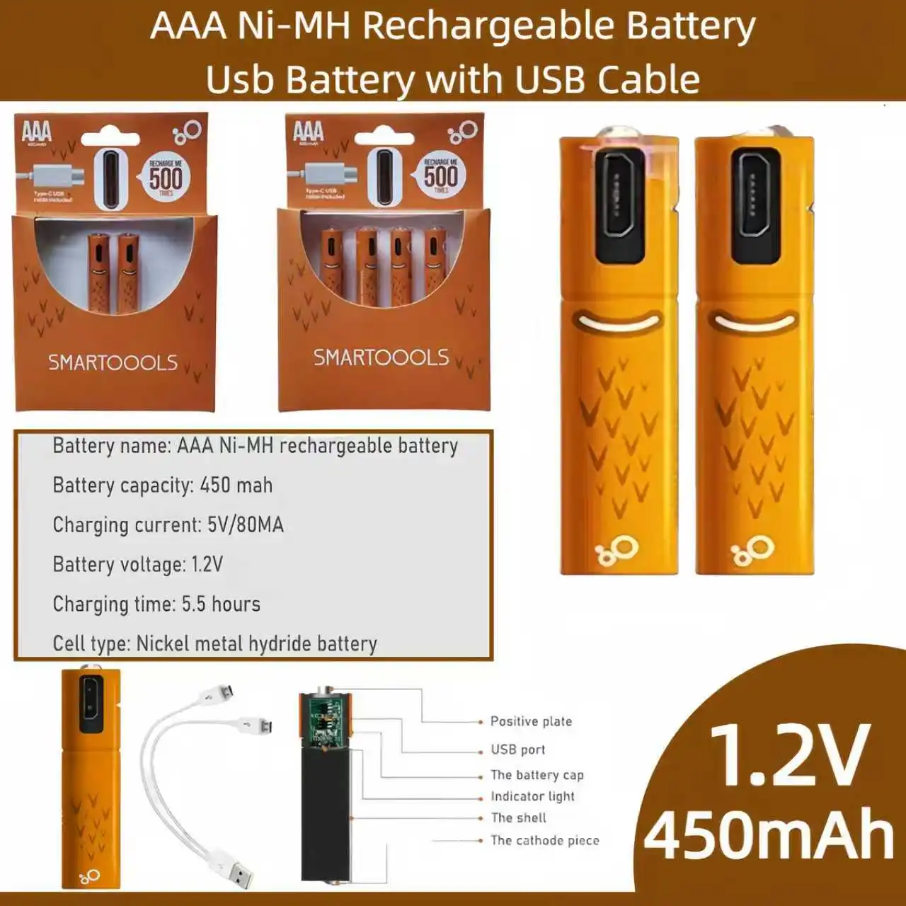 

High Capacity 1.2V 4500mWh AAA Ni-MH Rechargeable Batteries with USB Charging Cable for RC Toy Camera Remote Control