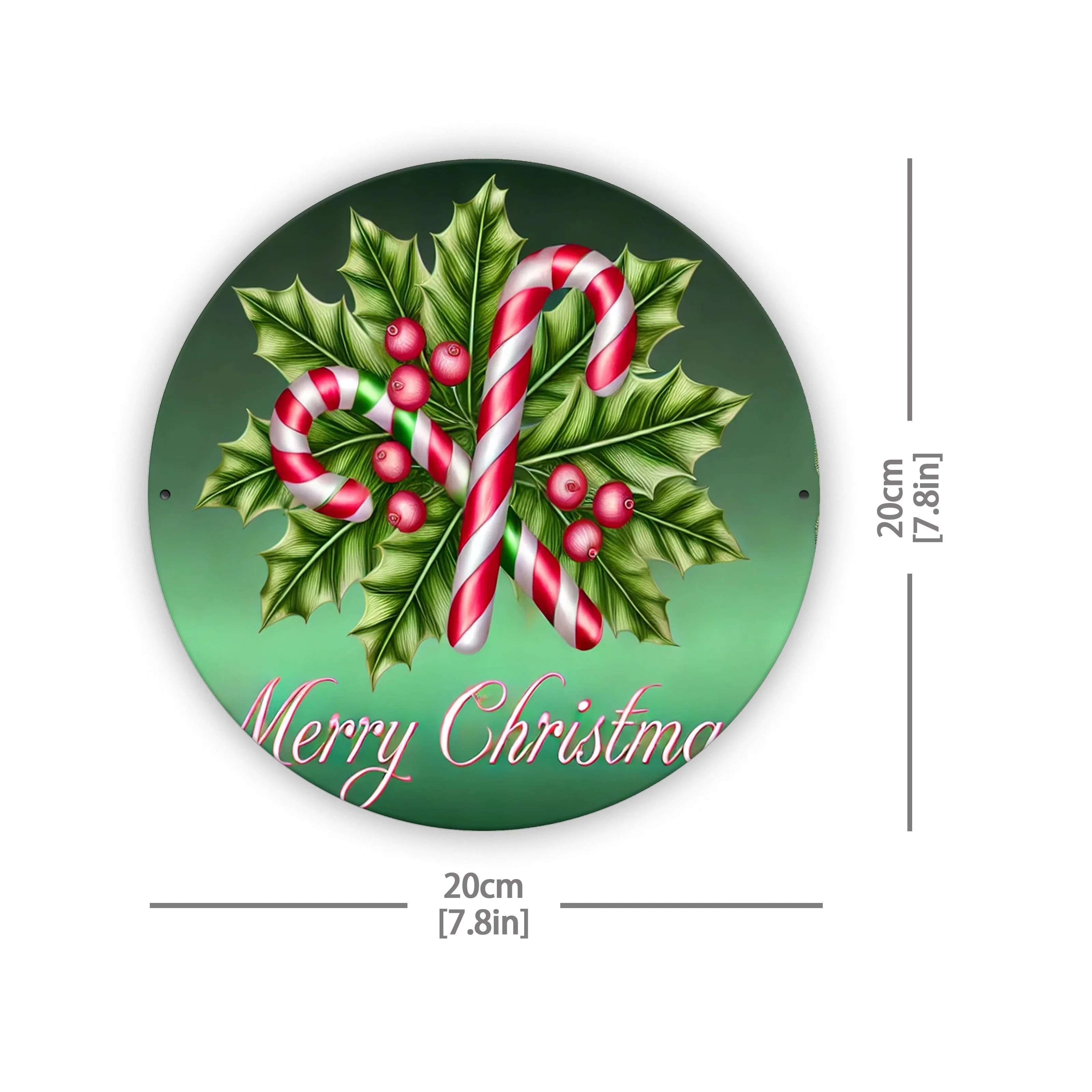 2D Flat, 3D Visual Effect Sign: 8 X 8 Inches Aluminum Candy Cane Holly Wreath Wall Decoration - Festive Christmas Room
