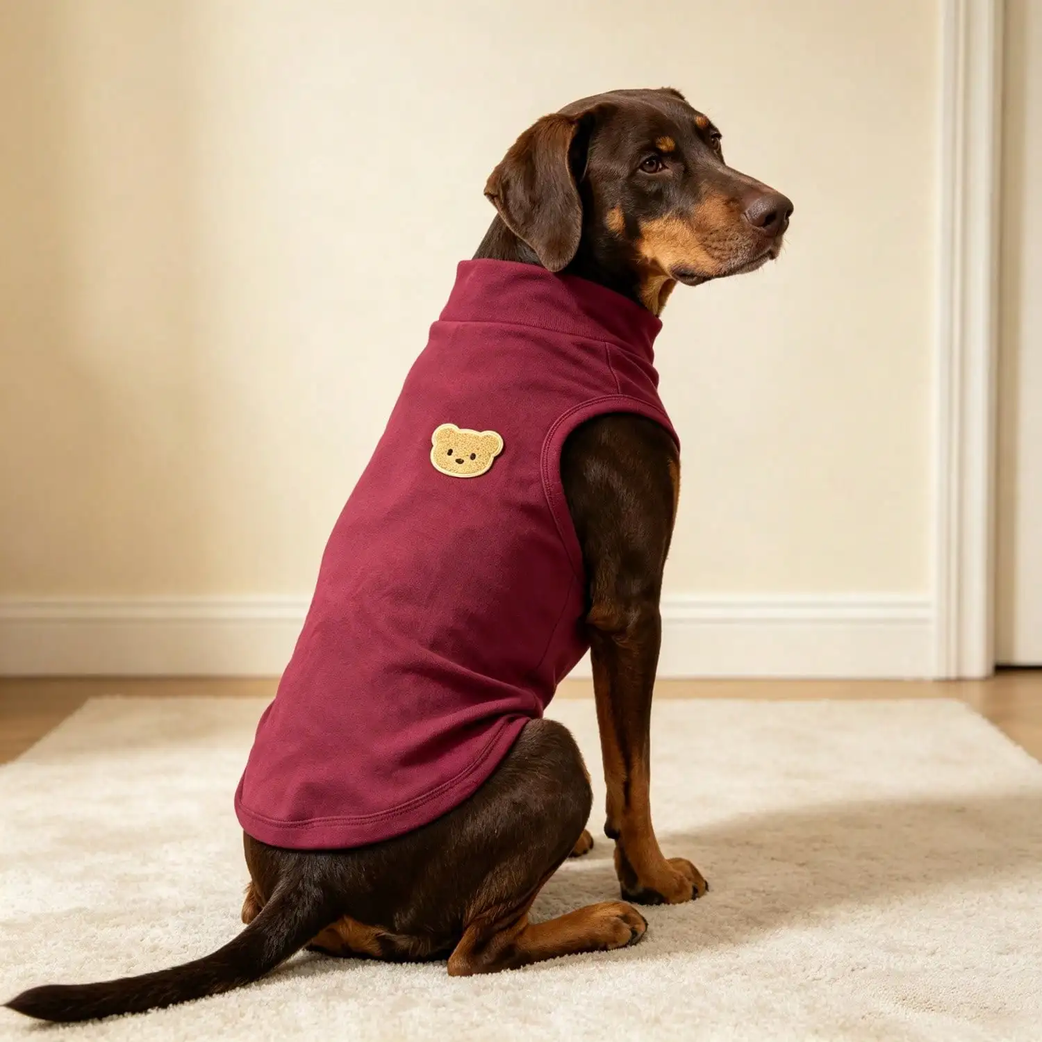 Ärmelloses Rollkragen-Hundeweste für große Hunde, weiche Strickkleidung für Haustiere mit niedlichem Bären-Applikationsaufnäher, warmes Hausoutfit – Detail 6