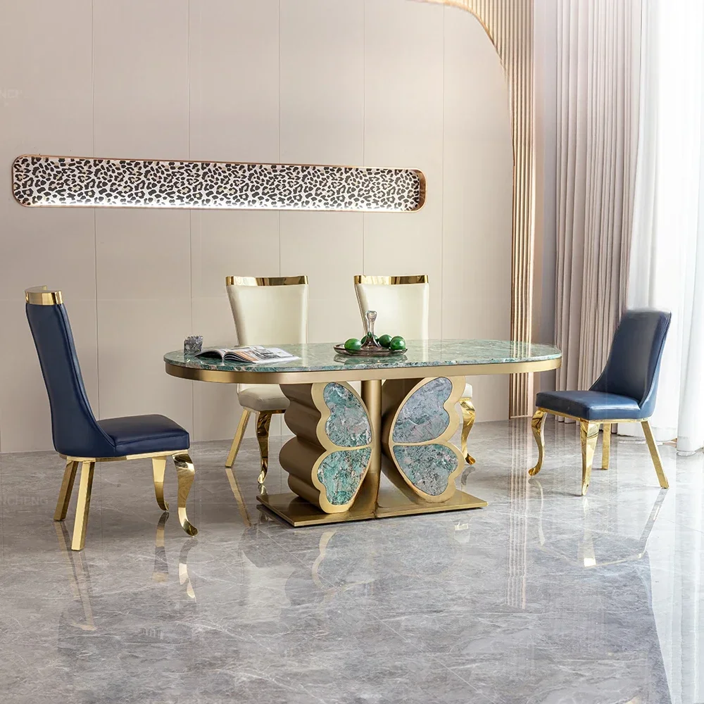 QIANCHENG oval shape green onyx marble top dining round table set emerald luxury stone dinning room furniture table