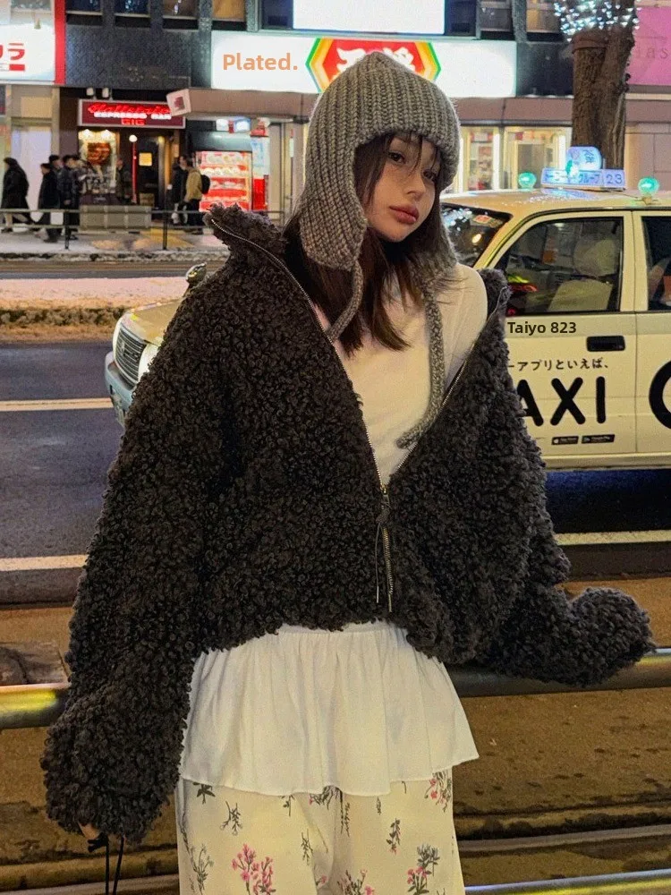 

Winter New Design Korean Sle Women's Zipper eep Curly Hair Open Cardigan Warm Casual Outerwear Faionable All-Match