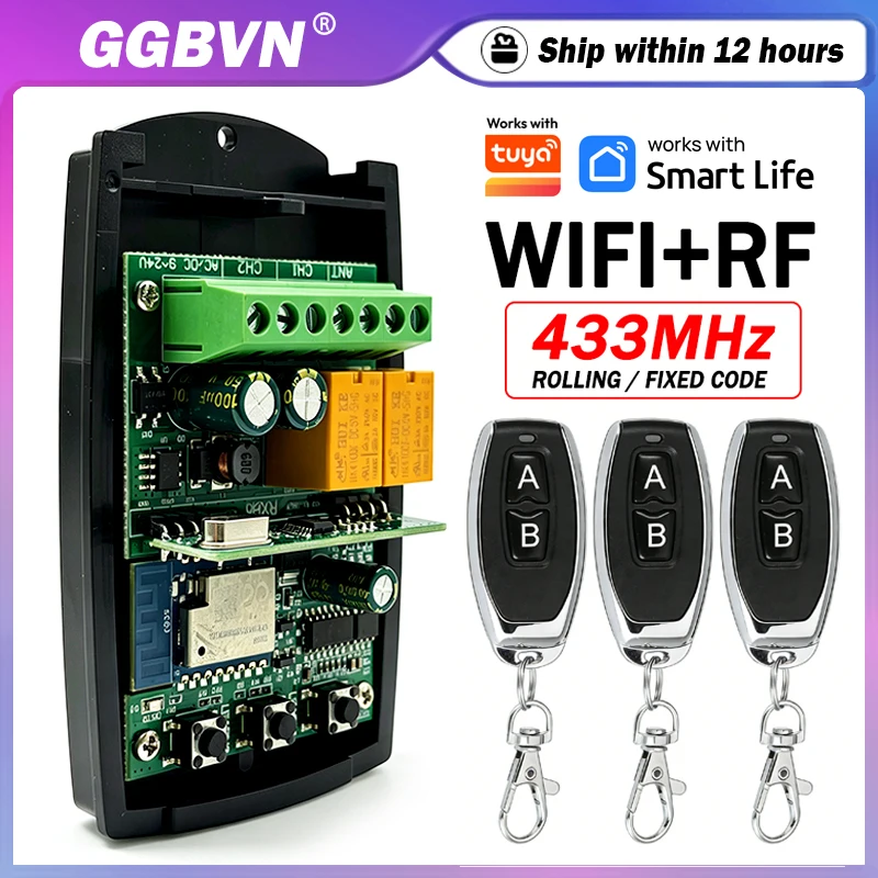 433MHz 433.92MHz Universal Garage / Gate Remote Control Receiver WIFI Smart Switch 2CH Relay Gate Opener Module Works With Tuya