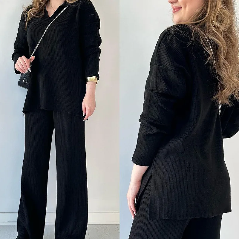 Lady Loose Outfit Cozy Knitted Women\'s Pajama Set with V Neck Top Wide Leg Trousers for Fall Winter Loungewear Collection V-neck