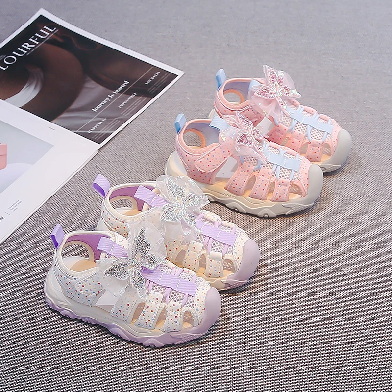 Girls Sports Sandals Sweet Butterfly Kids Casual Shoes Toes Capped Soft Sole 2026 Summer New Children Princess Shoes Non-slip