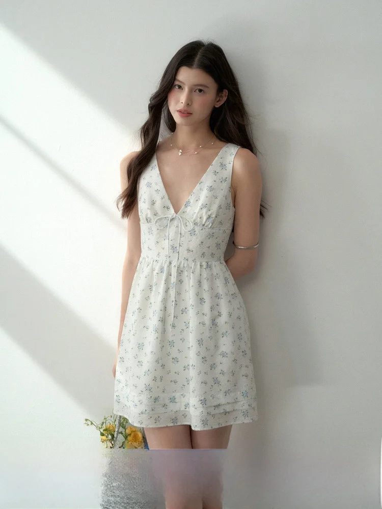 

LaluneDuCiel Summer V-ne Svel Dr Women's Playful Mid-length Vest Dr Sweet Sle l Waist A-line Skirt