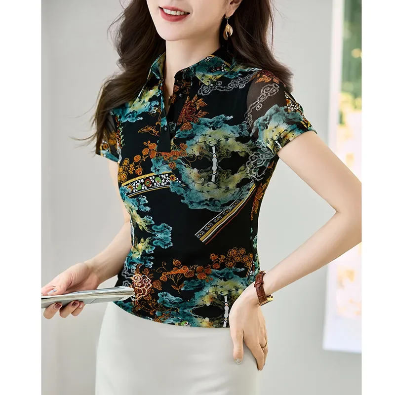 

Women's Floral Print Polo Shirt Short Sleeve Sheer Mesh Slim Fit Elegant Blouse