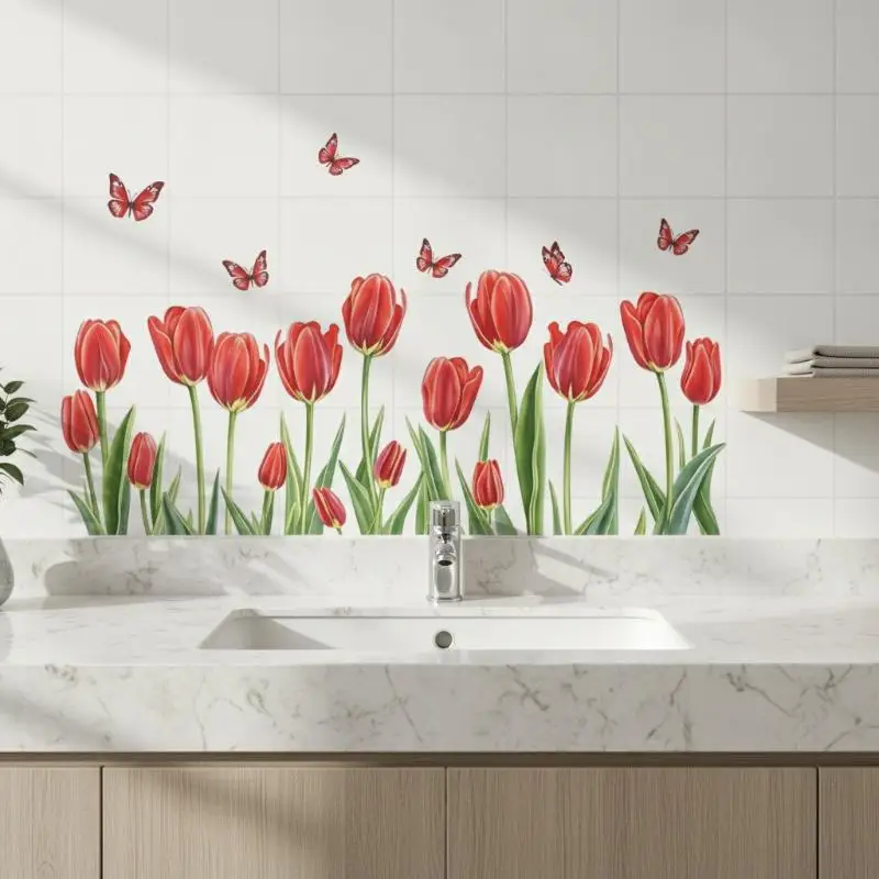 Fresh Floral Pattern Sink Area Wall Sticker Self-Adhesive Removable Waterproof Bathroom Wall Decal PVC Tile Sticker Vanity Decor