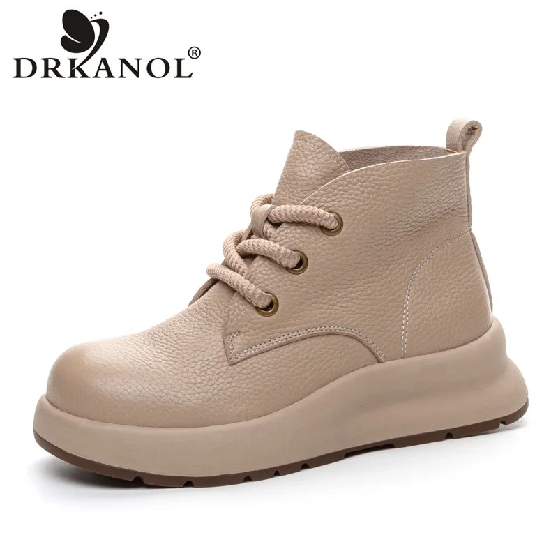 DRKANOL 2024 Women Chunky Platform Boots Gigh Quality Genuine Cow Leather Thick Bottom Wedges Heel Comfort Ankle Boots Women