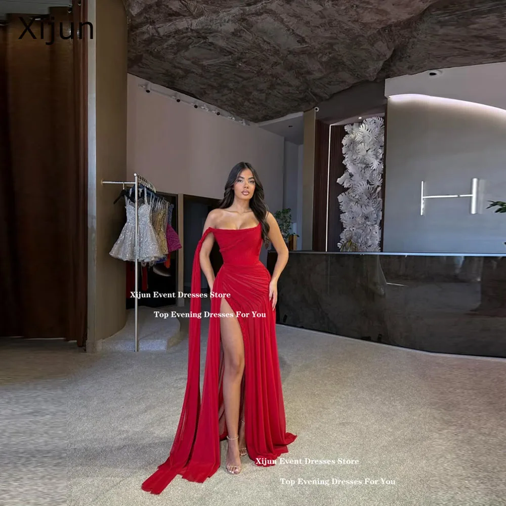 

Xijun Sexy Red Chiffon Evening Dresses High Split Sleeveless Mermaid Prom Dresses Pleated Formal Occasion Dresses Customized