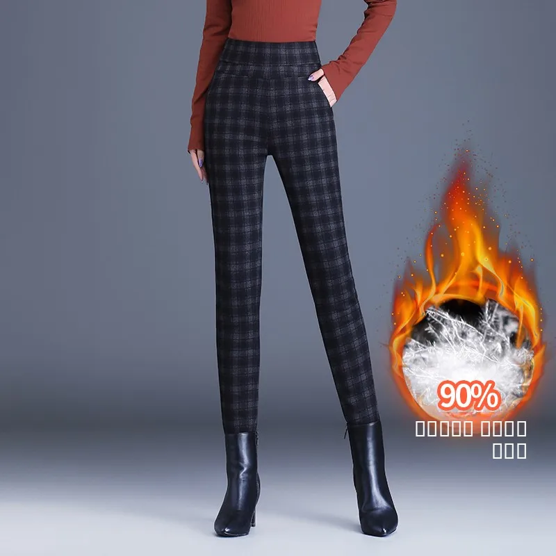 

High Waist Plaid down Trousers Women's Winter Outerwear Slim Fit Woolen Base Cotton Pants Big Size Elastic Waist Slimming