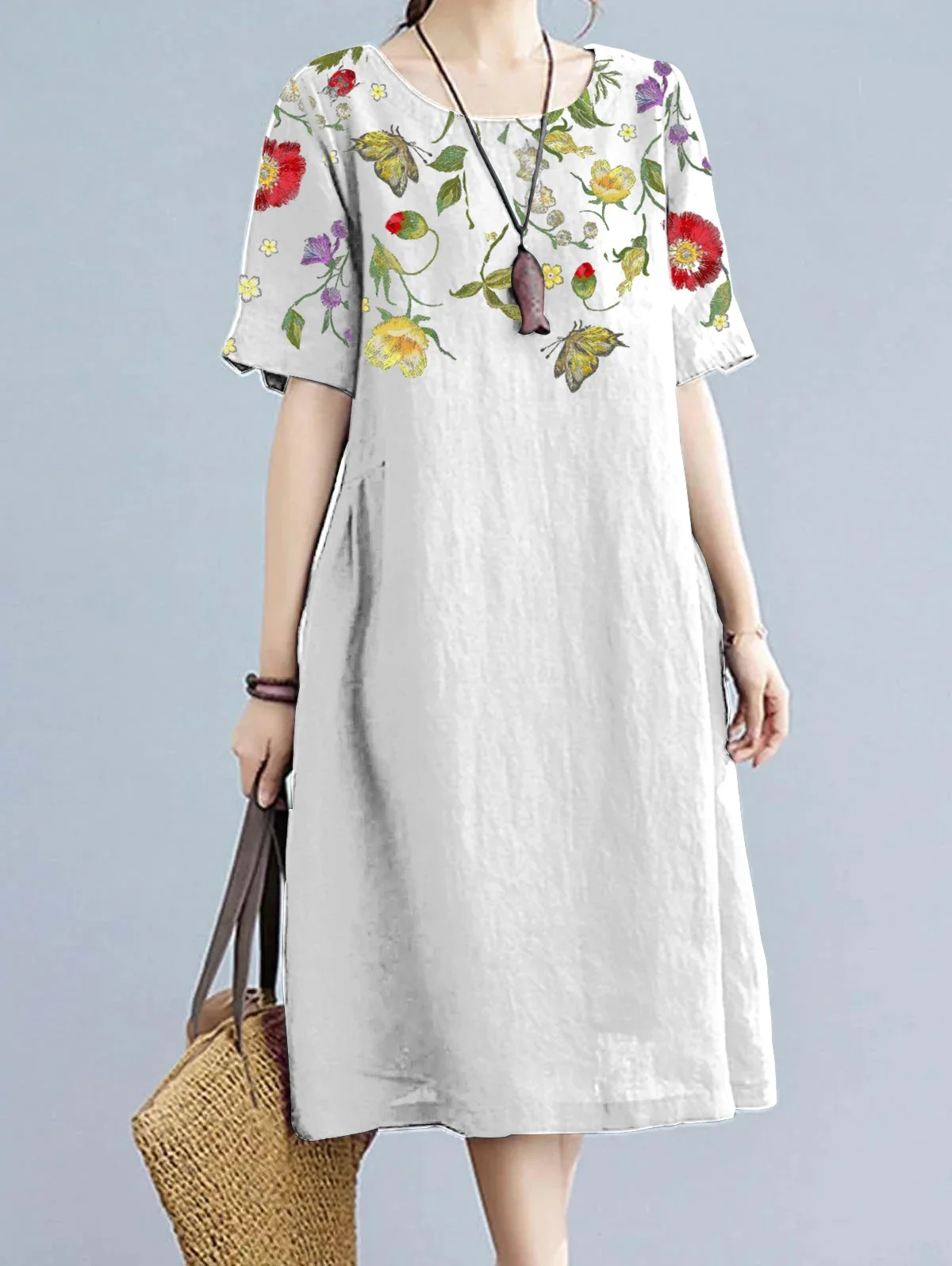 Fashion Women Floral Print Dress Summer Short Sleeve Midi Dress Vestidos 2025 Elegant Casual Loose Dress Woman's Clothing