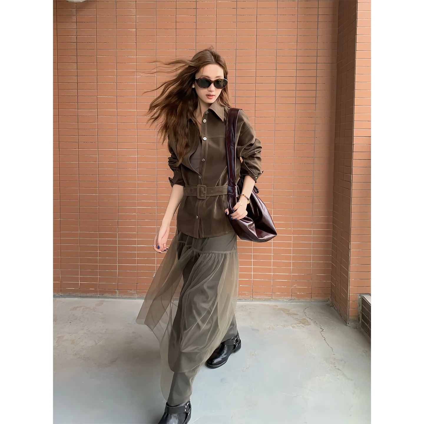 

Женское пальто Soolrok из матовой замши с поясом, мраморным узором, удлиненное, приталенное, для повседневной носки